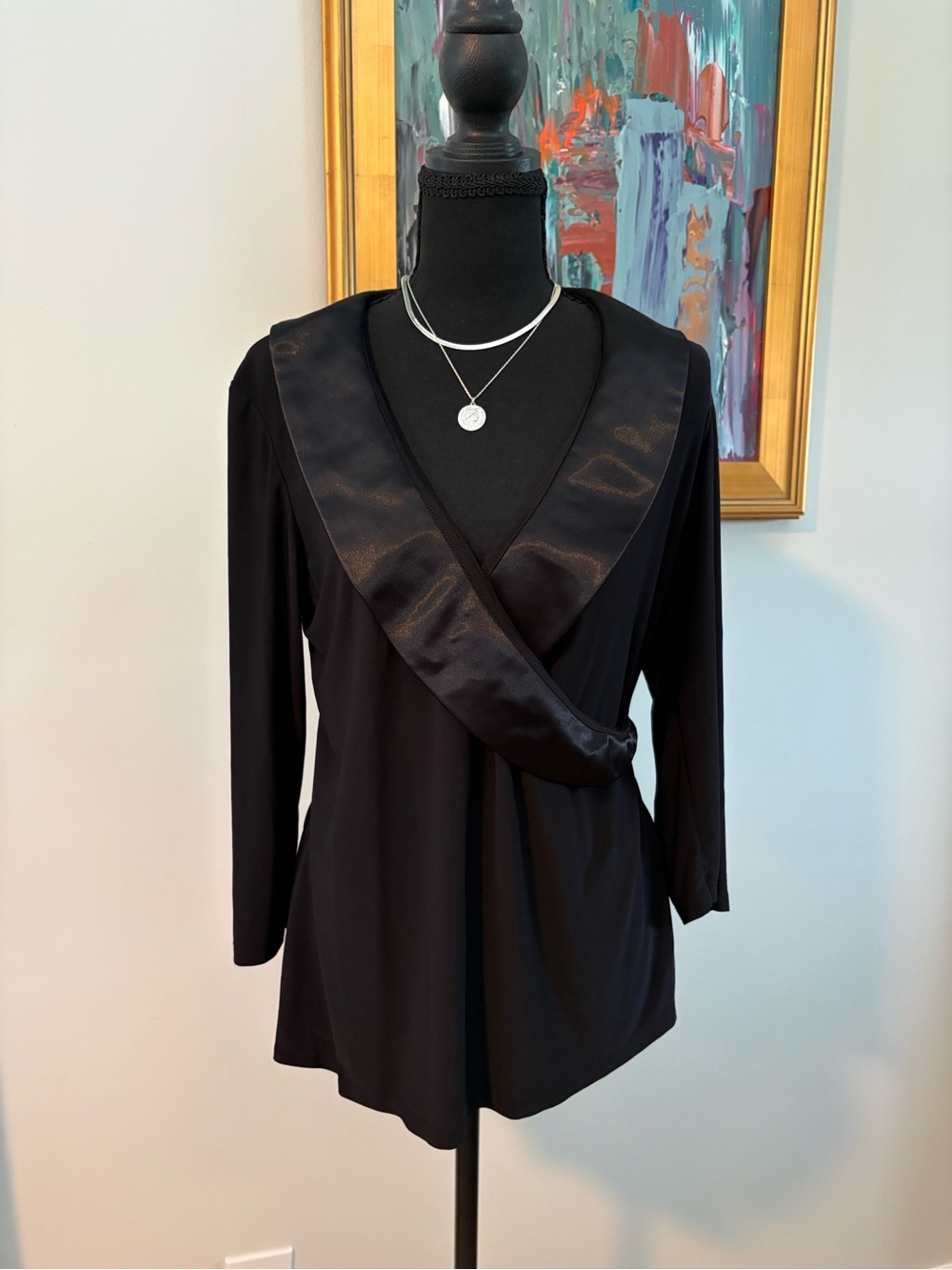 Black Satin-Trim Wrap Top